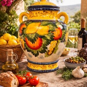 VTG Nonni’s Hand-Painted Ceramic Biscotti Jar – Vibrant Fruit Motif – MINT